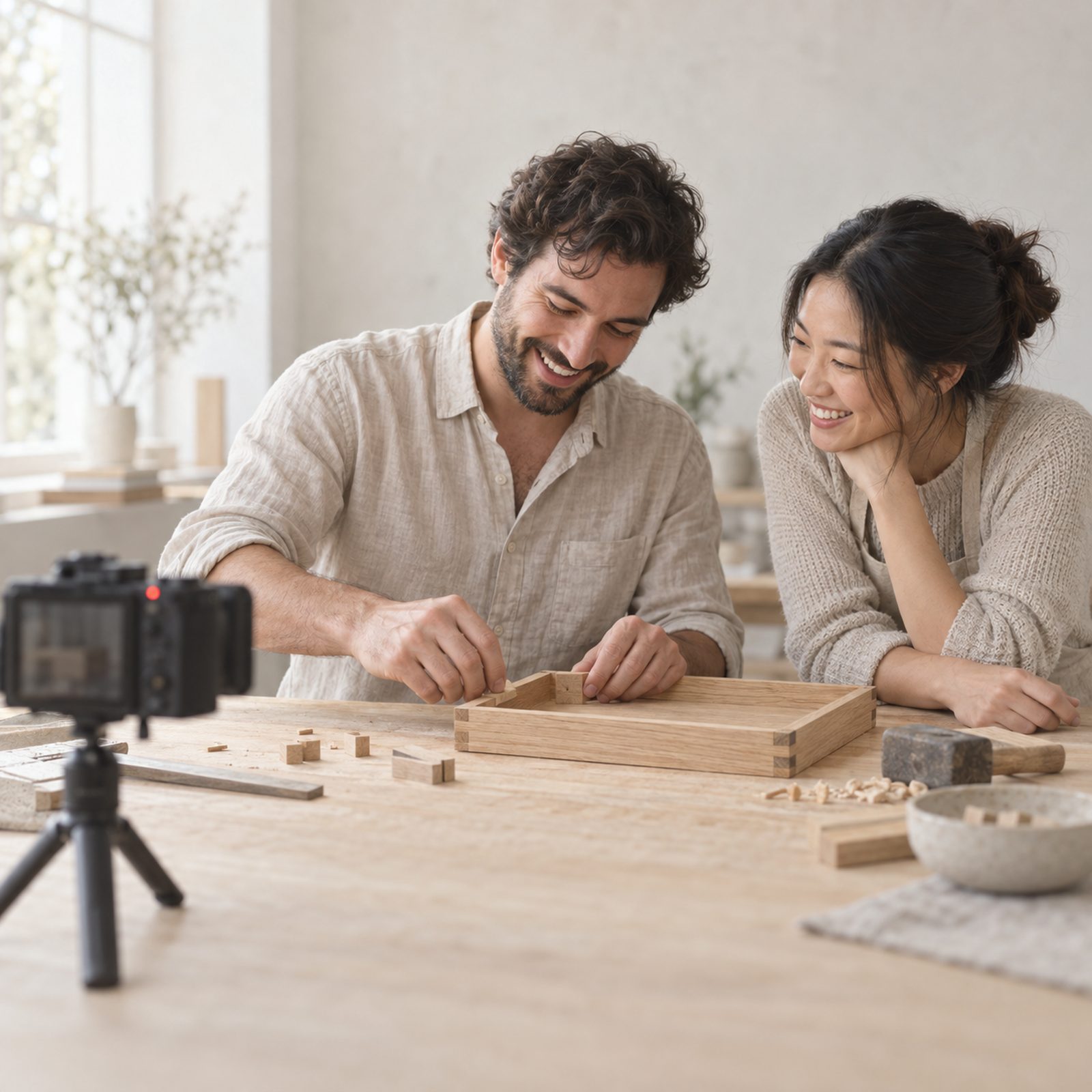 Two people laughing at a workbench while one assembles a small oak box and a camera on a tripod records them.